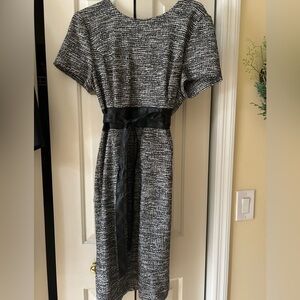 Calvin Klein Black and White Textured Midi Dress with Black Waist Tie